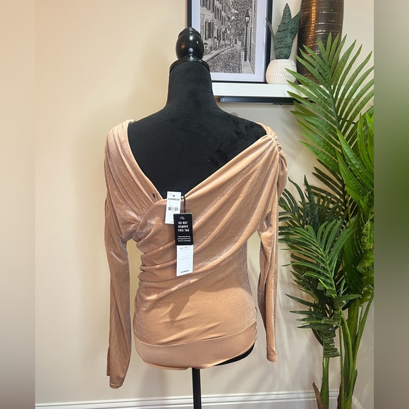 Express Tan Velvet Asymmetrical Wrap Thong Bodysuit Large - Picture 7 of 8